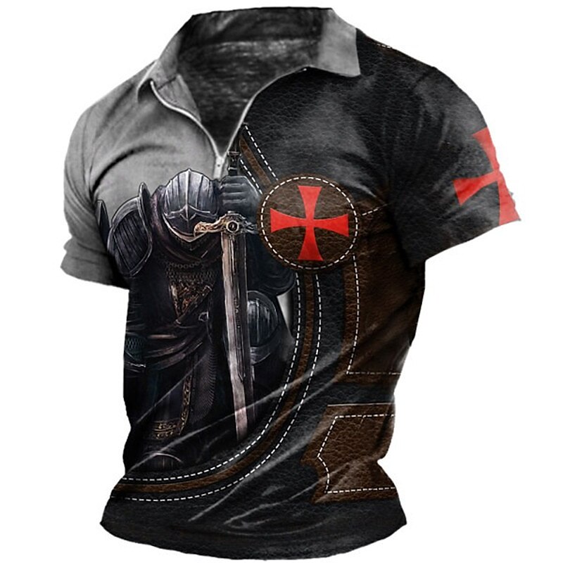Men's Collar Polo Shirt  Soldier Turndown Print Outdoor Street Short Sleeves Zipper Fashion Casual Breathable Golf Shirt