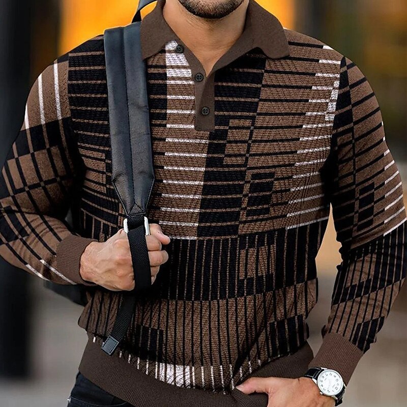 Men's Waffle Outdoor Golf Street Breathable Light Comfortable Pocket Plaid Stand Collar Long Sleeve Polo Shirt