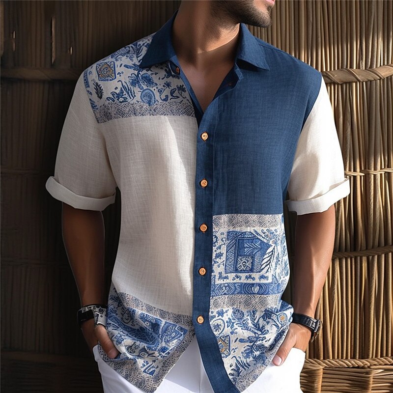Men's Shirt Linen Shirt Color Block Tribal Graphic Prints Vintage Turndown Short Sleeves Print Linen Casual Soft Top