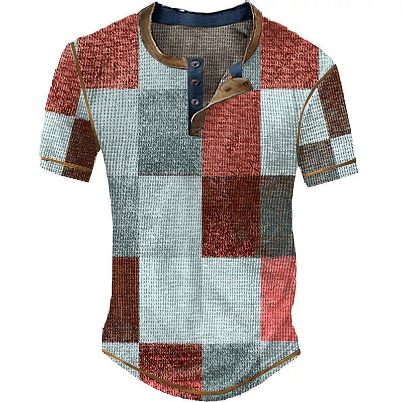Men's Waffle Henley Shirt Graphic Plaid Henley Print Outdoor Daily Short Sleeve Button Fashion Designer Basic Top