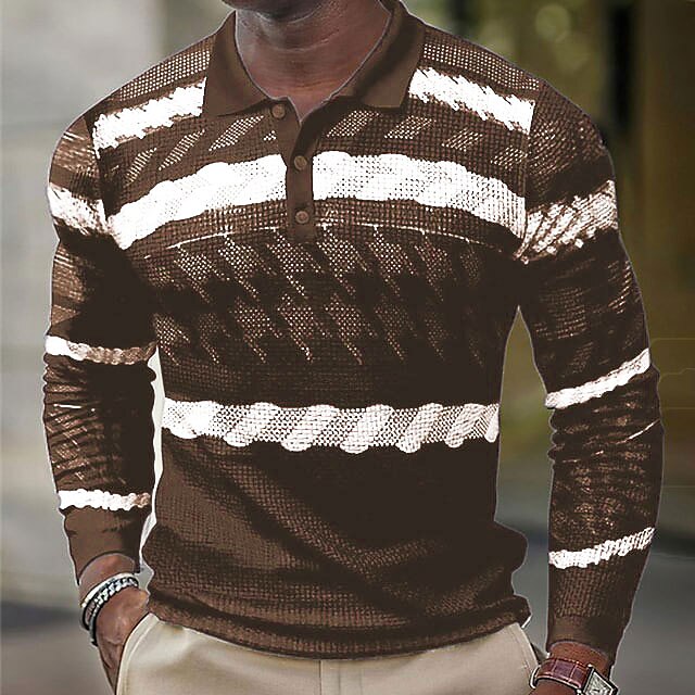 Men's Polo Shirt Golf Shirt Waffle Polo Shirt Plaid Striped Turndown  Print Outdoor Street Long Sleeve Button-Down Casual Top