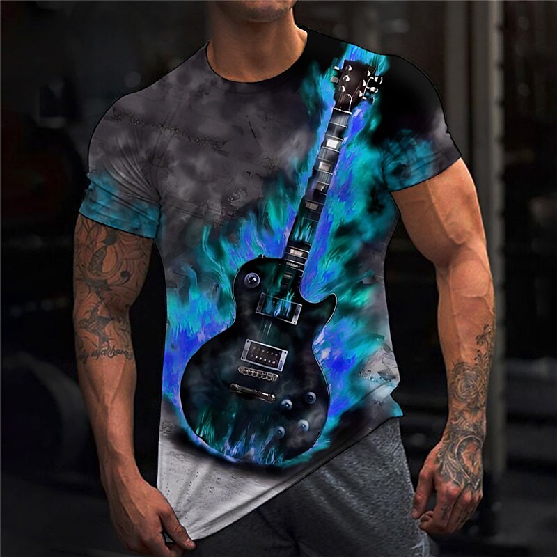 Men's T shirt Graphic Guitar Musical Instrument Crew Neck 3D Print Outdoor Casual Short Sleeve Vintage Top