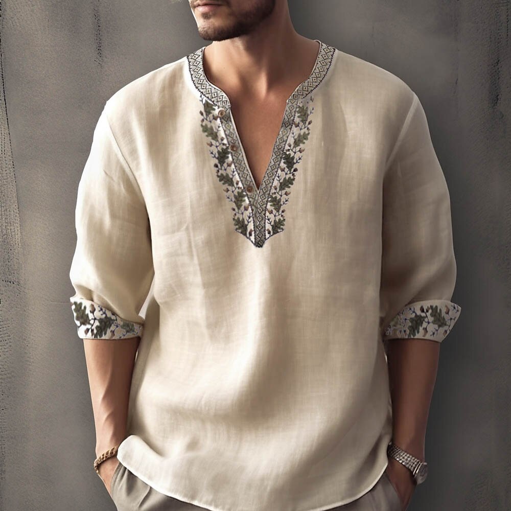 Men's Linen Beach Casual Hawaiian Vacation Breathable Light Long Sleeves Striped Shirt