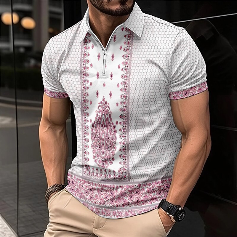 Men's Outdoor Casual Vacation Fashion Comfortable Soft Zipper Print Short Sleeves Polo Shirt