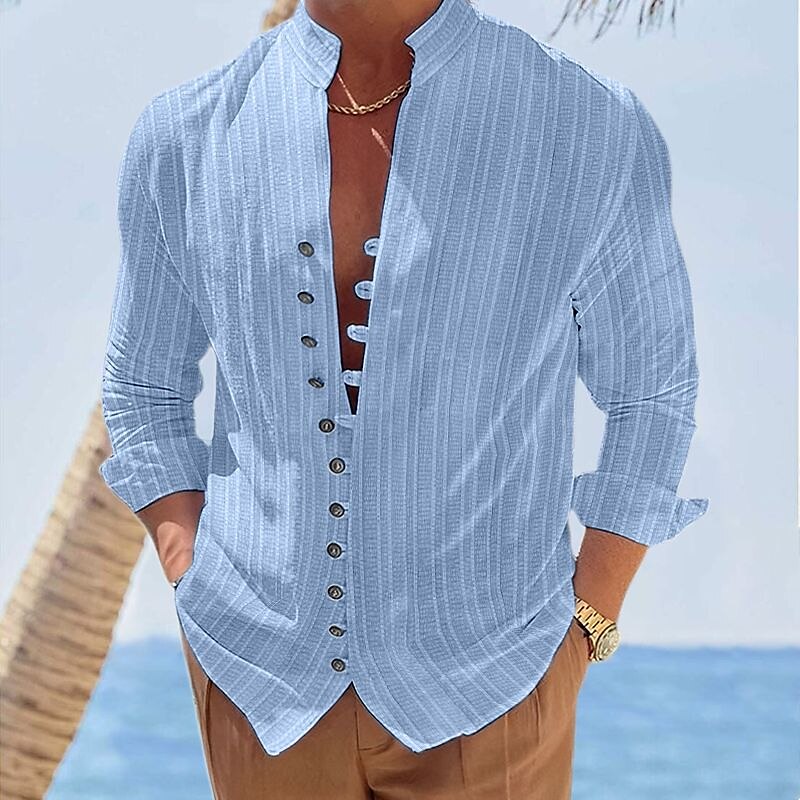 Men's Vacation Outdoor Beach Fashion Comfortable Breathable Light Stripes Long Sleeve Shirt