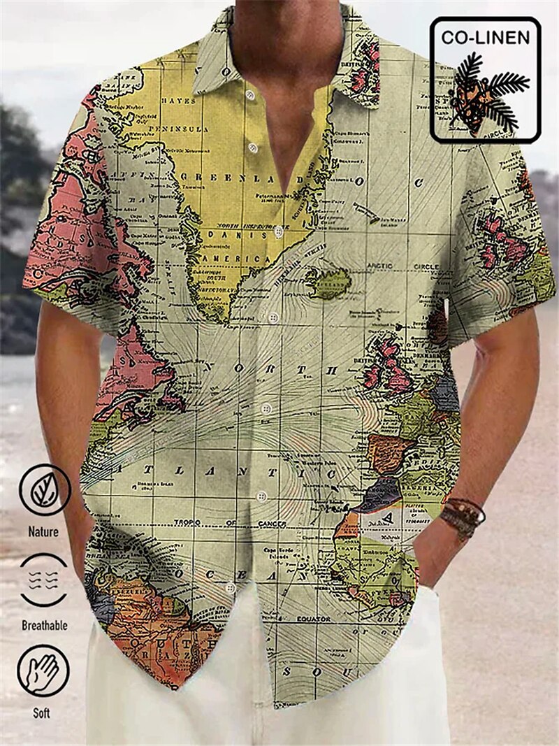 Men's Shirt Map Graphic Prints Vintage Turndown Outdoor Street Short Sleeves Print  Fashion Retro Top