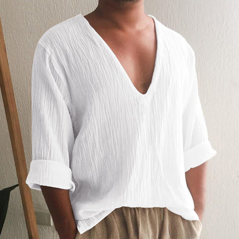 Men's Linen Summer Beach Shirt V Neck Long Sleeve Black White Sky Blue Plain Daily Vacation Top