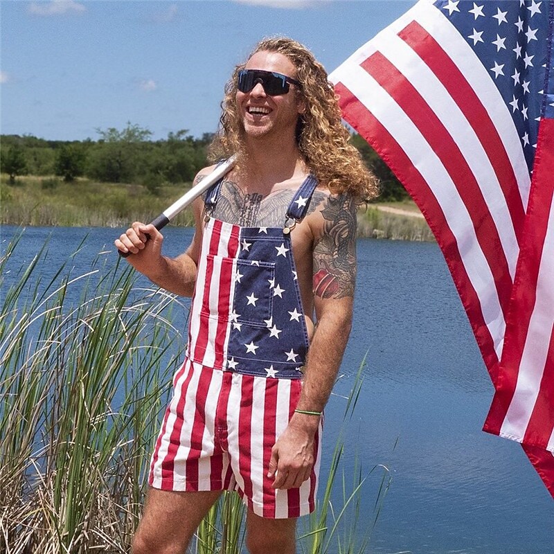 Men's Bib Jumpsuit Overall Shorts Pocket Print National Flag Comfort Breathable Short Casual Independence Day 