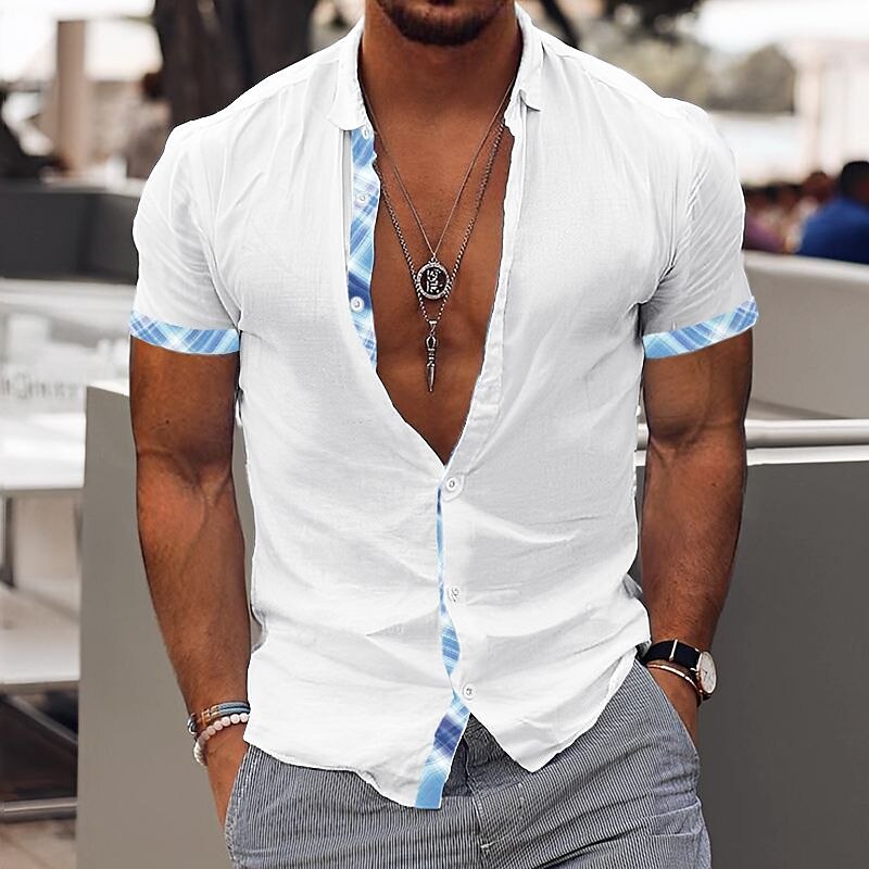 Men's Linen Outdoor Beach Casual Breathable Comfortable Light Plain Lapel Short Sleeve Shirt