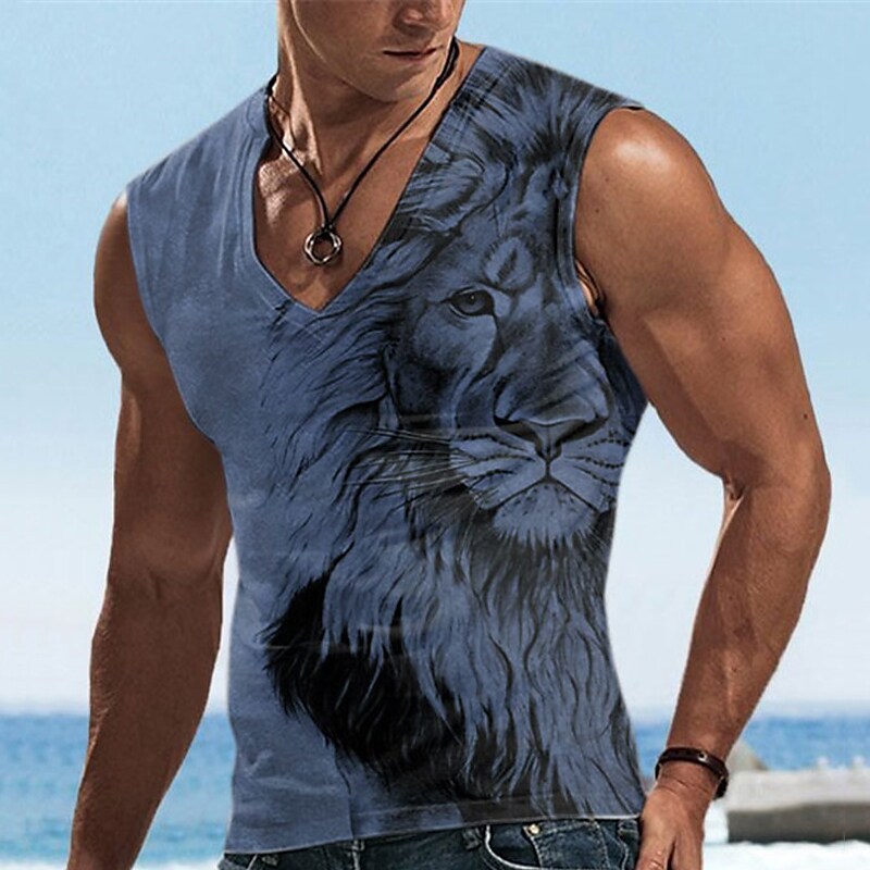Men's Vest Top Sleeveless Graphic Animal Lion V Neck Clothing Apparel 3D Print Sports Running Sleeveless Top