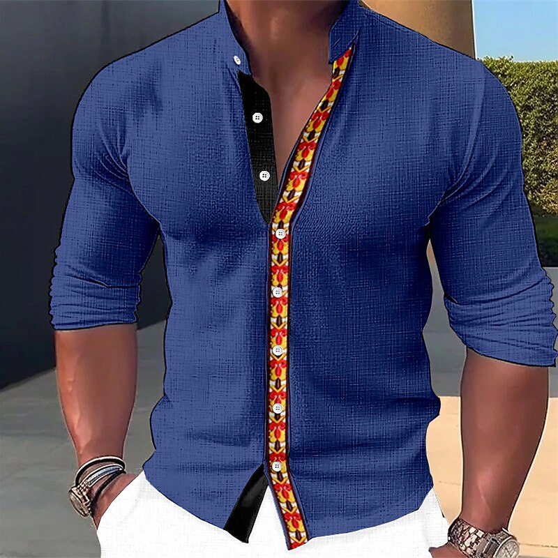 Men's Linen Shirt Graphic Prints Geometry Stand Collar Outdoor Street Long Sleeve Print Linen Casual Shirt 