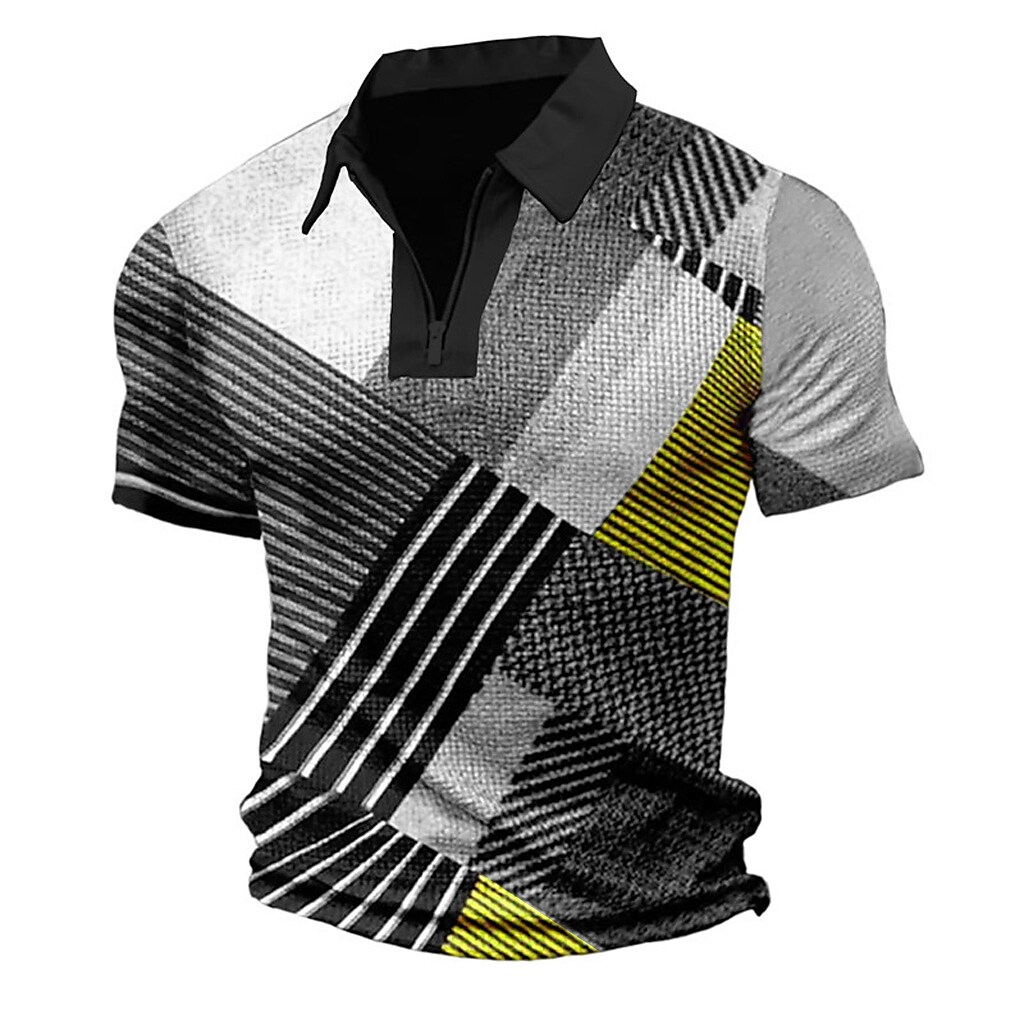 Men's Polo Shirt Golf Shirt Polo Plaid Striped Graphic Prints Geometry Turndown Street Short Sleeves Zipper Fashion Top