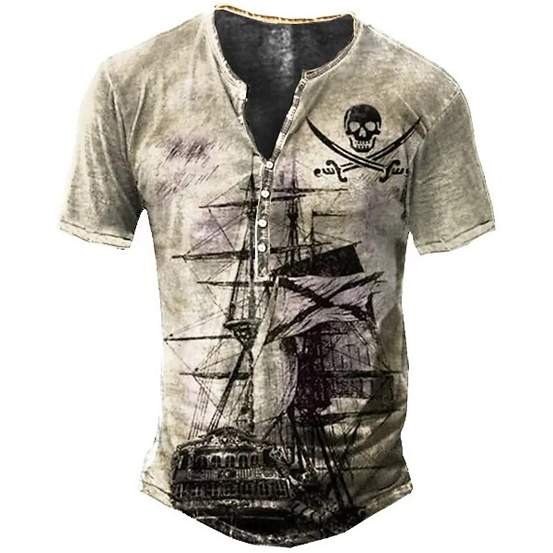 Men's Henley Shirt Tee Graphic Ship Skulls Henley Clothing Apparel 3D