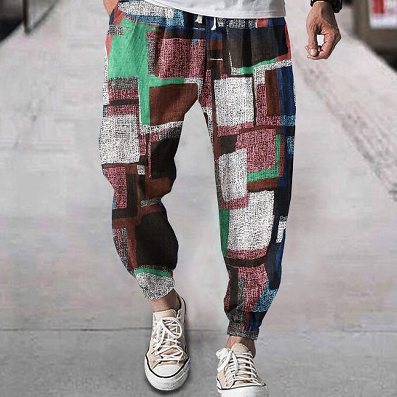 Men's Joggers Trousers Summer Beach Pants Drawstring Elastic Waist Graphic Plaid Comfort Breathable Daily Fashion Simple 