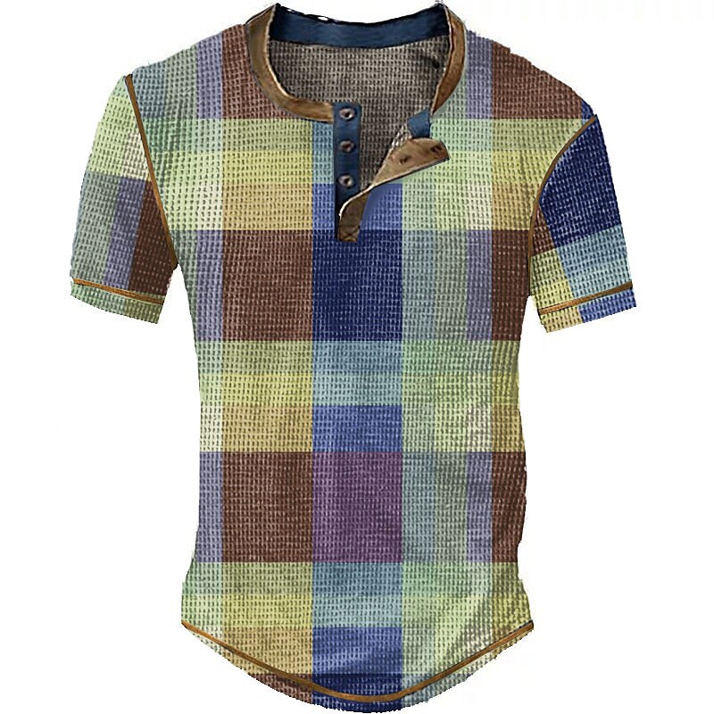 Men's Waffle Henley Shirt Graphic Plaid / Check Henley Print Outdoor Daily Short Sleeve Button Fashion Top
