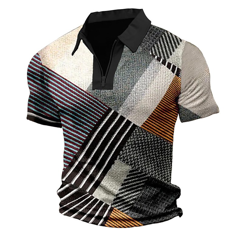 Men's Polo Shirt Golf Shirt Polo Plaid Striped Graphic Prints Geometry Turndown Street Short Sleeves Zipper Fashion Top
