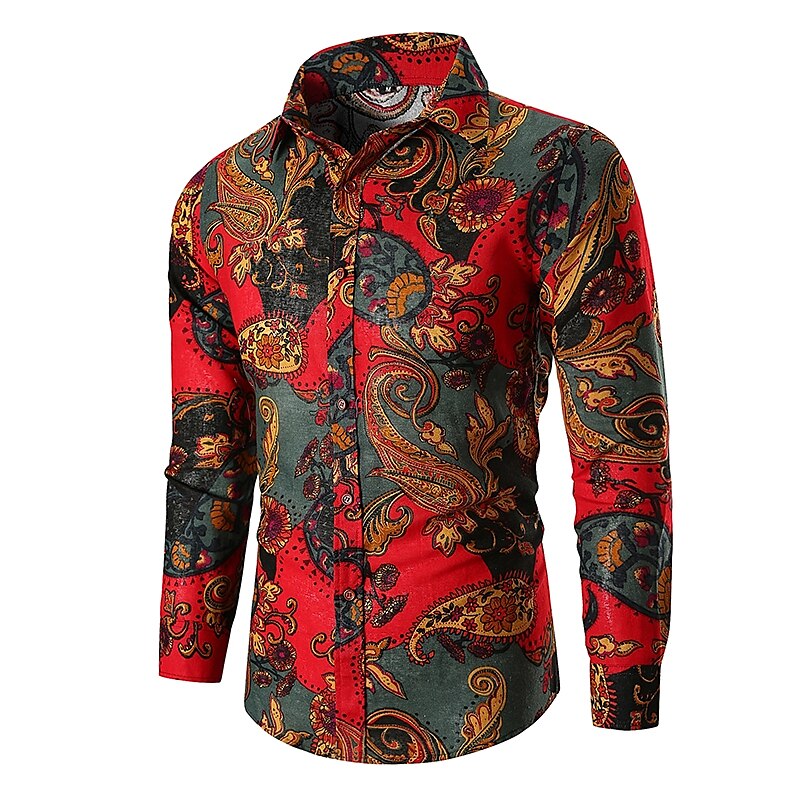 Men's Shirt Paisley Tribal Long Sleeve Graphic Shirt  Collar Green Red Street Daily Tops Basic Vintage Designer Fashion Cool