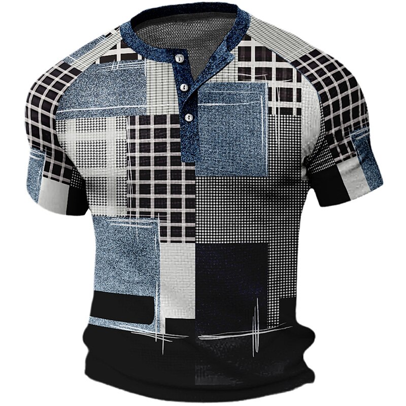 Men's Waffle Outdoor Fashion Casual Breathable Soft Plaid Print Short Sleeves Henley Shirt