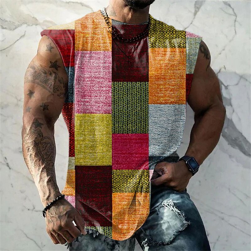 Men's Vest Top Sleeveless  for Men Graphic Color Block Plaid / Check Crew Neck  Print Daily Sports Cap Sleeve Muscle T Shirt
