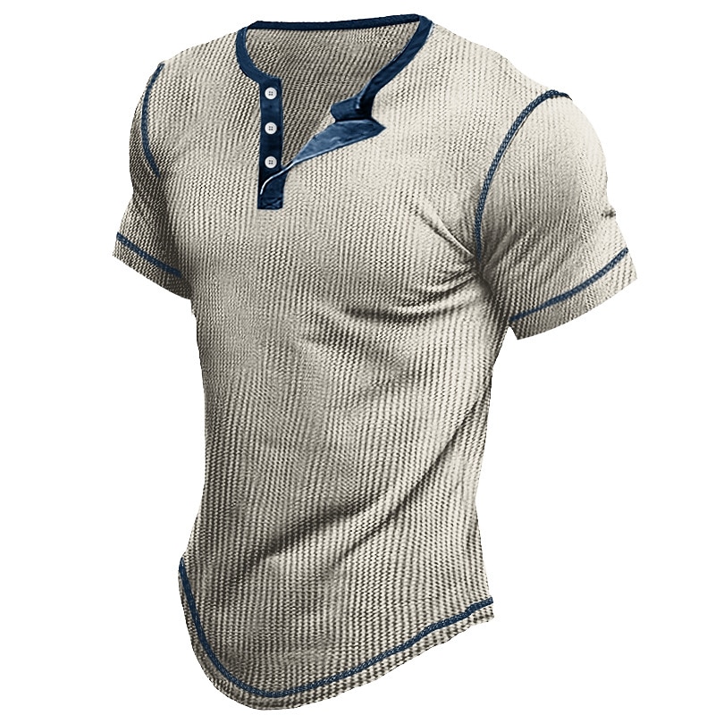 Men's Outdoor Street Fashion Casual Breathable Comfortable Light Plain Short Sleeve Waffle Henley Shirt