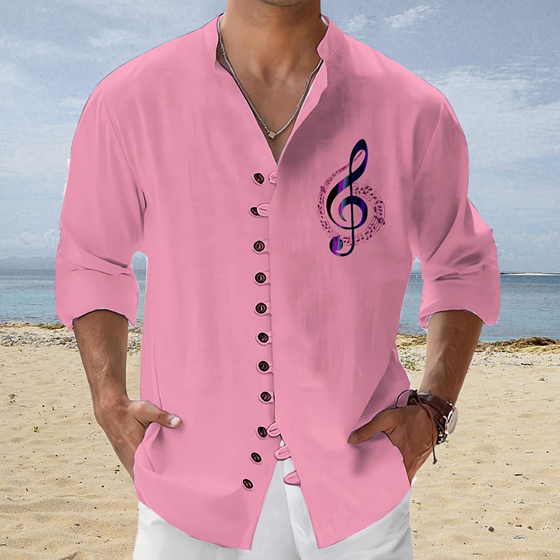 Men's Linen Shirt Graphic Prints Music Notes Stand Collar Outdoor Street Long Sleeve Print Linen Fashion Casual Shirt 