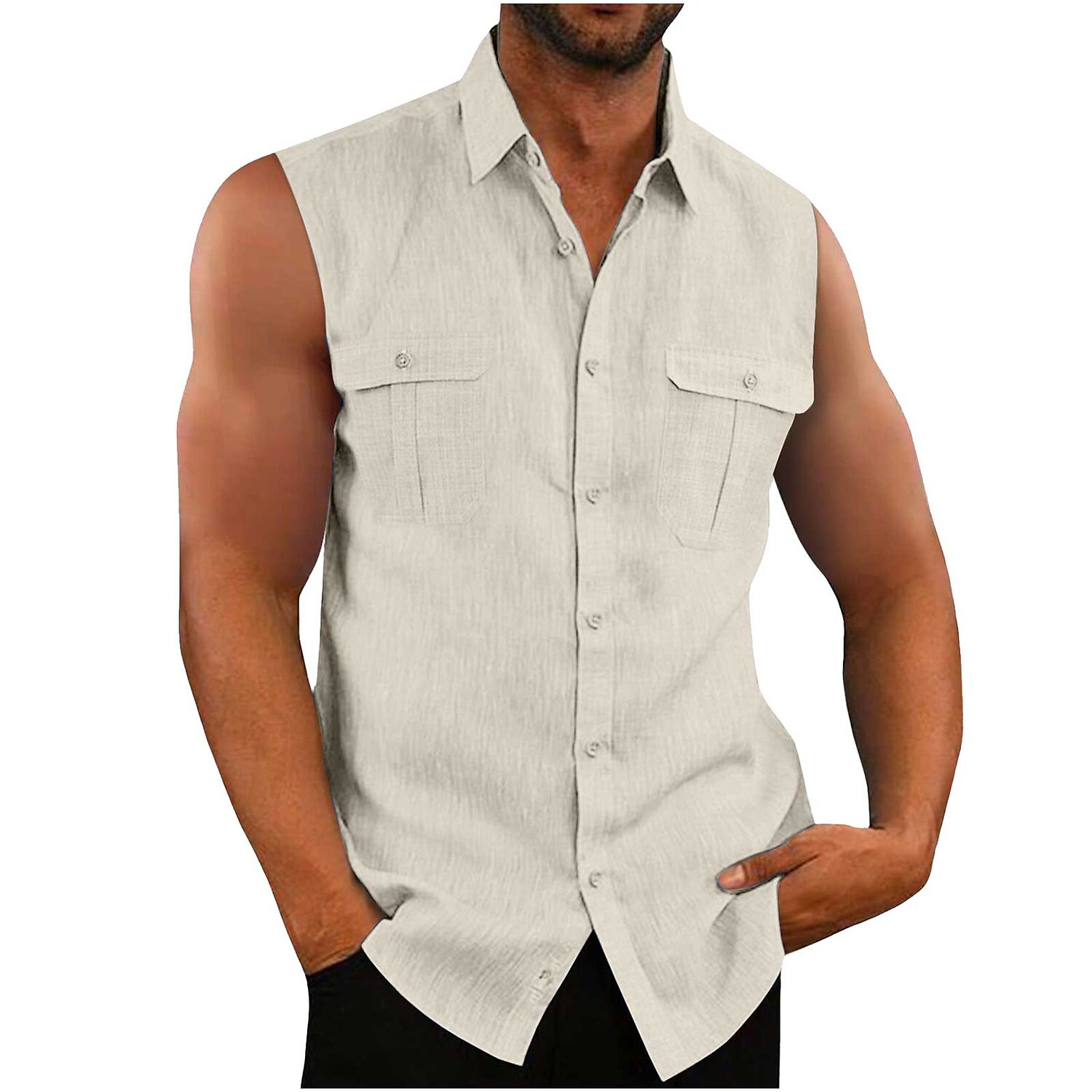Men's Beach Outdoor Stand Collar Lightweight Quick Dry Plain Hawaiian Sleeveless