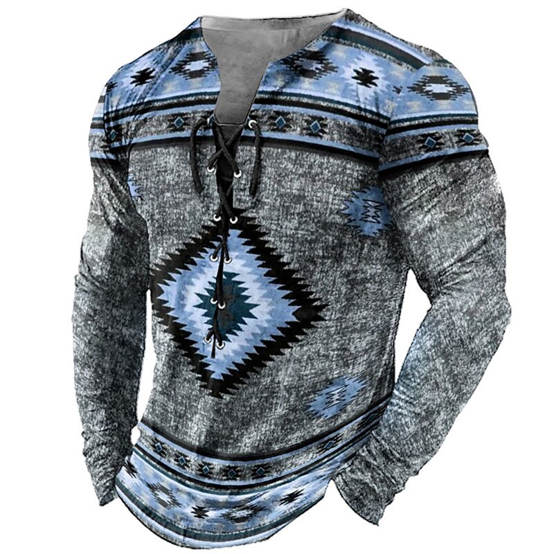 Men's T shirt Graphic Tribal Collar Print Outdoor Street Long Sleeve Lace up Clothing Casual Top