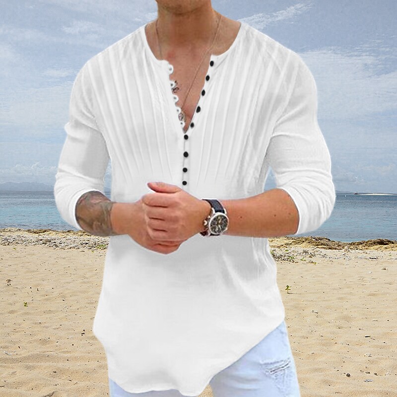 Men's Outdoor Beach Casual Vacation Breathable Quick Dry Comfortable Solid Color Round Neck Long Sleeve Henley Shirt