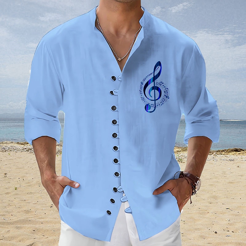 Men's Linen Shirt Graphic Prints Music Notes Stand Collar Outdoor Street Long Sleeve Print Linen Fashion Casual Shirt 