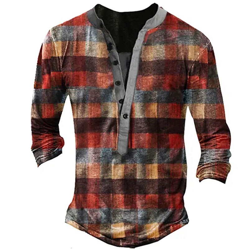 Men's Henley Shirt Long Sleeve Shirt Plaid / Check Henley Street Vacation Long Sleeve Fashion Top