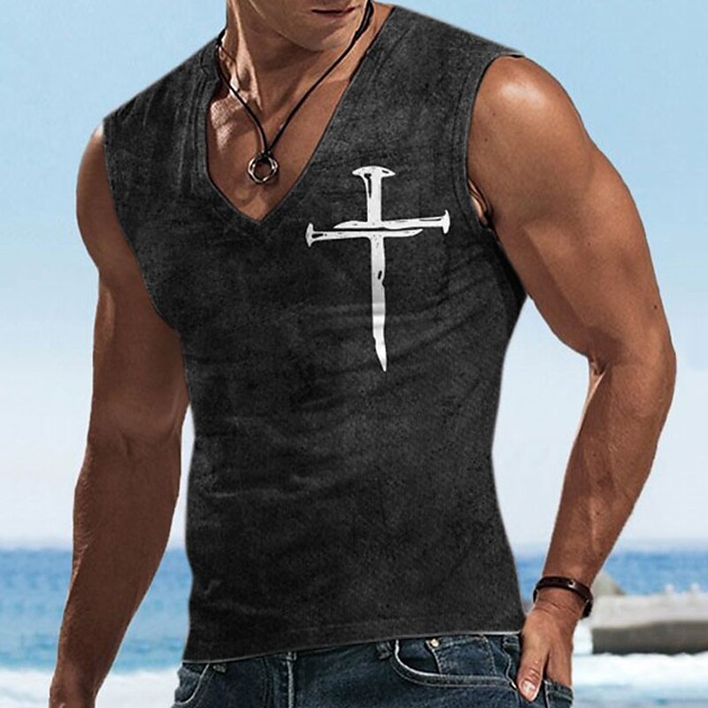 Men's  Sleeveless T Shirt Graphic Cross Faith V Neck Sports Running Sleeveless Designer Casual Muscle Top