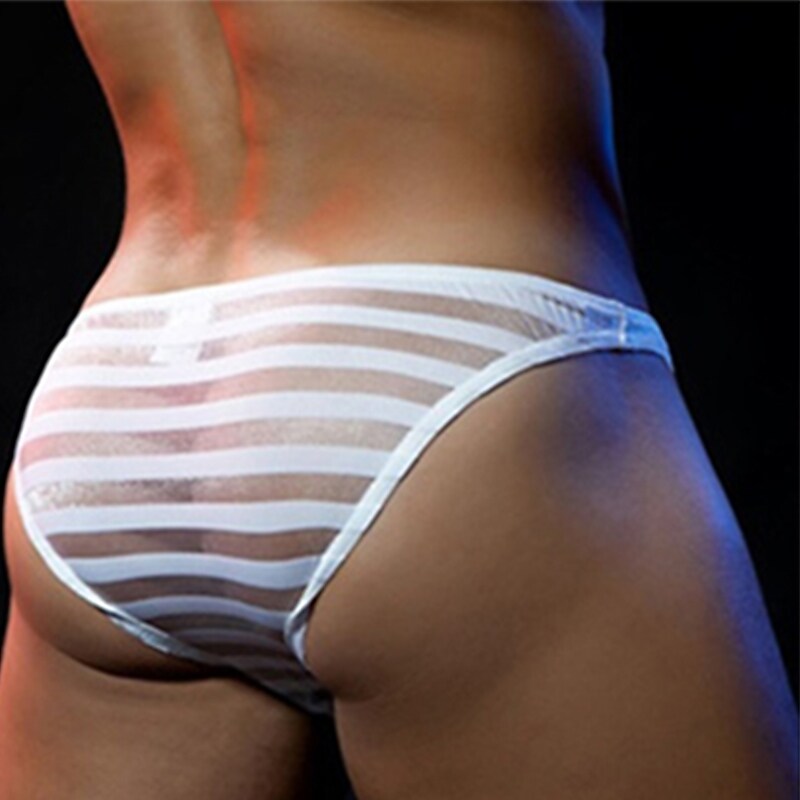Men's Mesh See-Through Sexy Solid Color Striped Elastic Mid-Waist Underwear