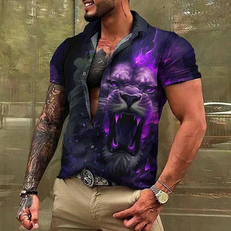 Men's Outdoor Casual Animal Print Street Fashion Lapel Short Sleeve Shirt