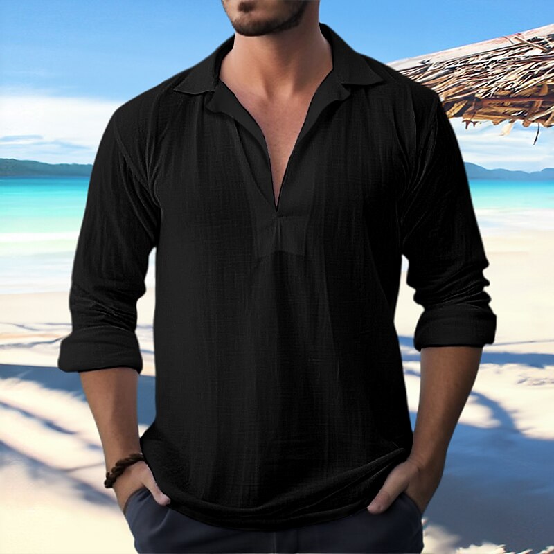Men's Linen Casual Beach Shirt Long Sleeve Plain Turndown Casual Daily Shirt