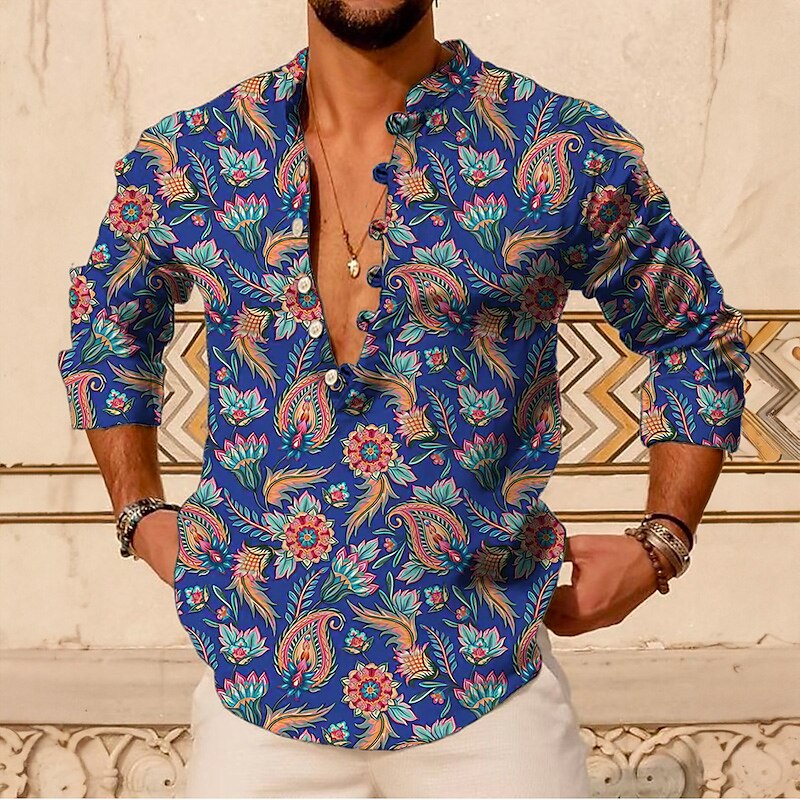 Men's Linen Shirt Paisley Graphic Prints Vintage Machine Stand Collar Outdoor Street Long Sleeve Print Linen Fashion Retro Shirt 