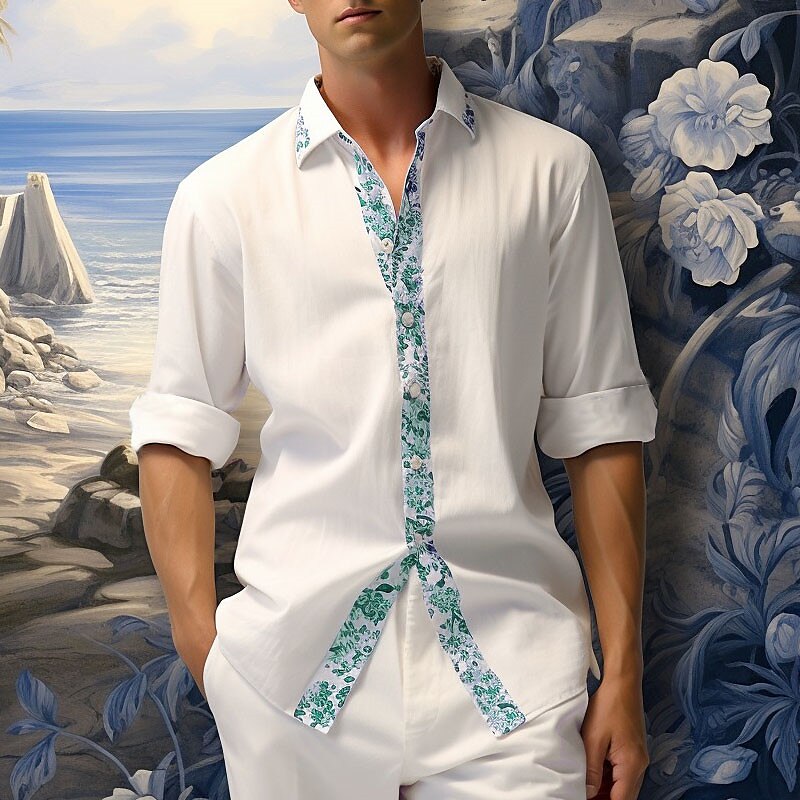 Men's Linen Shirt Floral Graphic Prints TurndownOutdoor Street Long Sleeve Print Linen Casual Shirt 