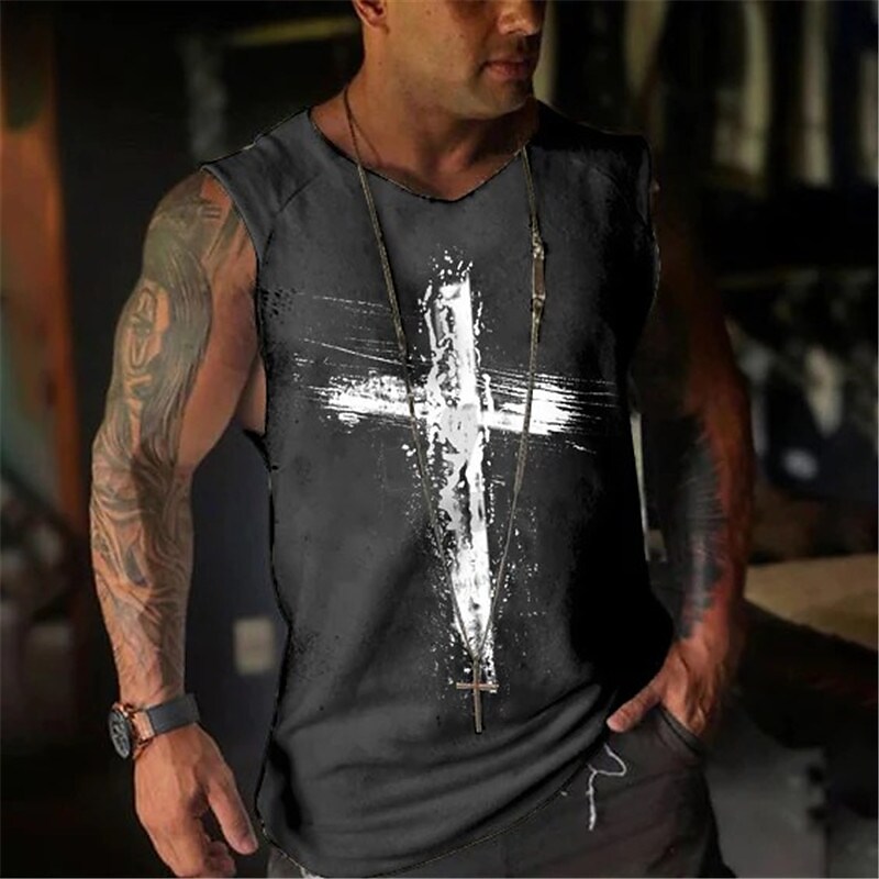 Men's Vest Top Sleeveless Graphic Cross Crew Neck 3D Print Daily Sports Sleeveless Fashion 