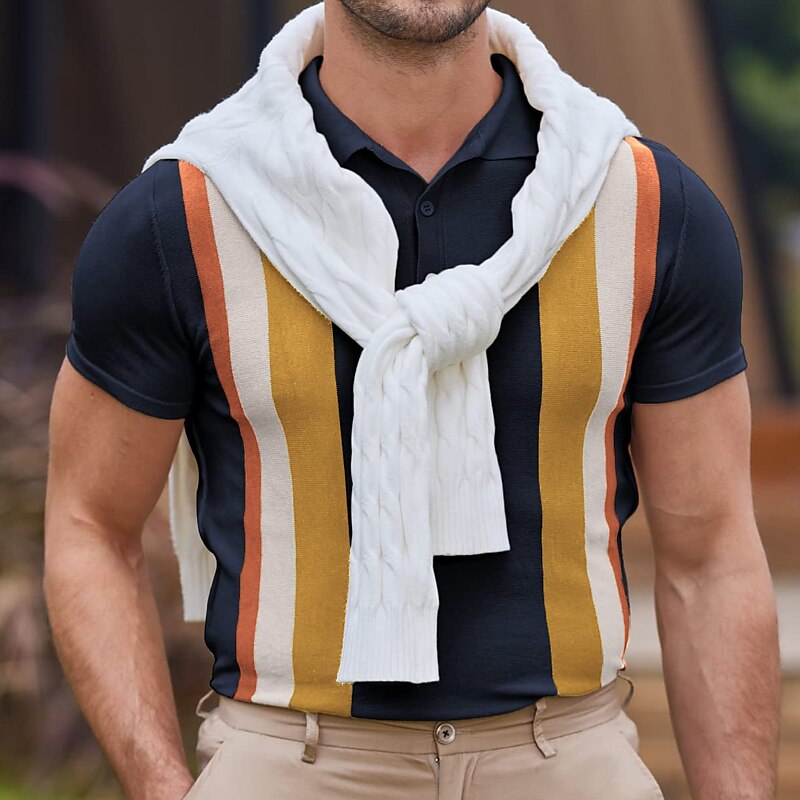 Men's Golf Street Casual Vintage Breathable Comfortable Soft Striped Short Sleeves Shirt