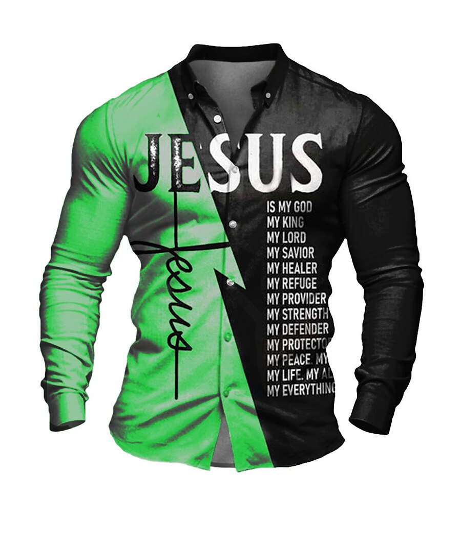 Men's Shirt Letter Graphic Prints Jesus Stand Collar Outdoor Street Long Sleeve Button-Down Print Casual Soft Top