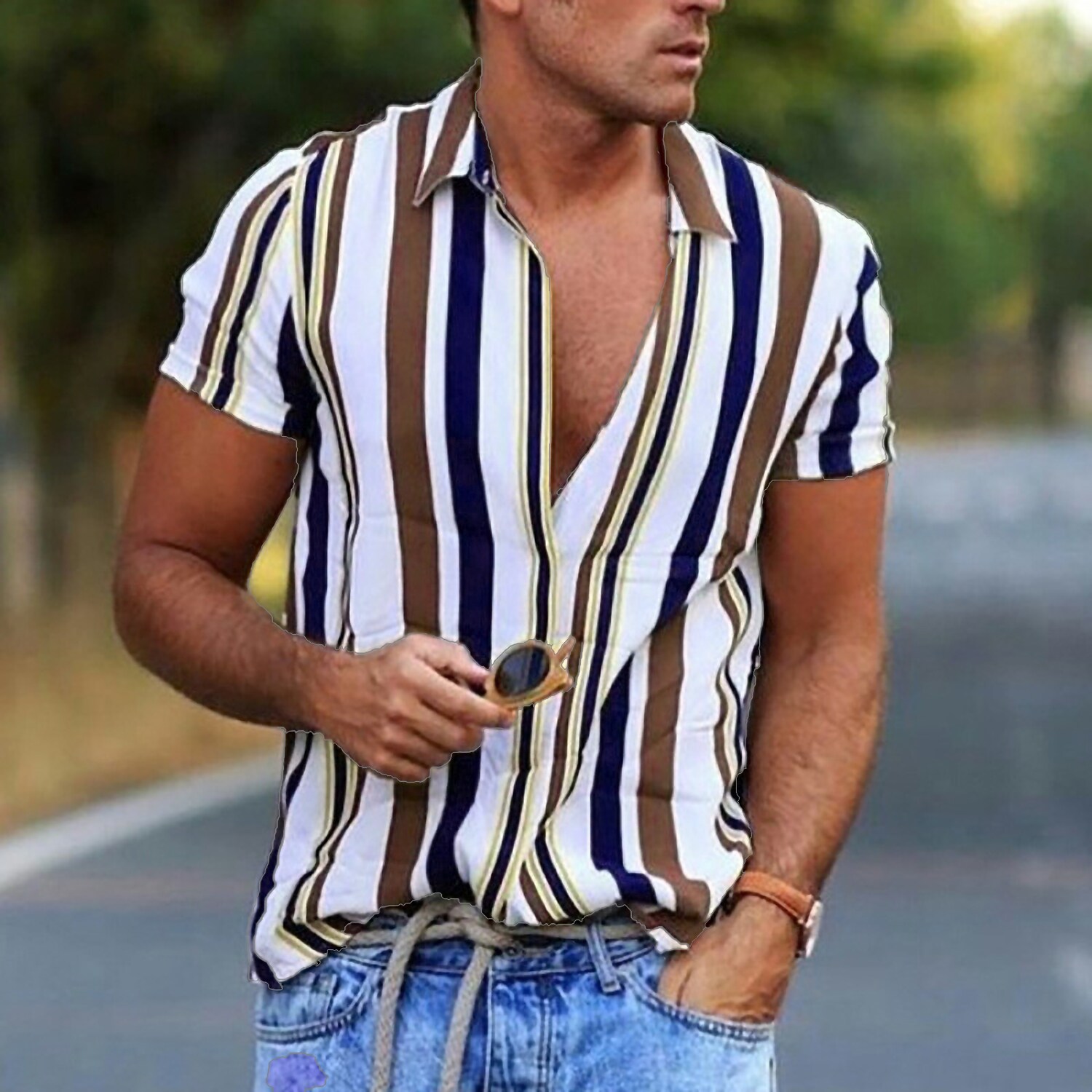 Men's Shirt Striped Collar Daily Button-Down Print Short Sleeve Tops Casual Breathable Comfortable 