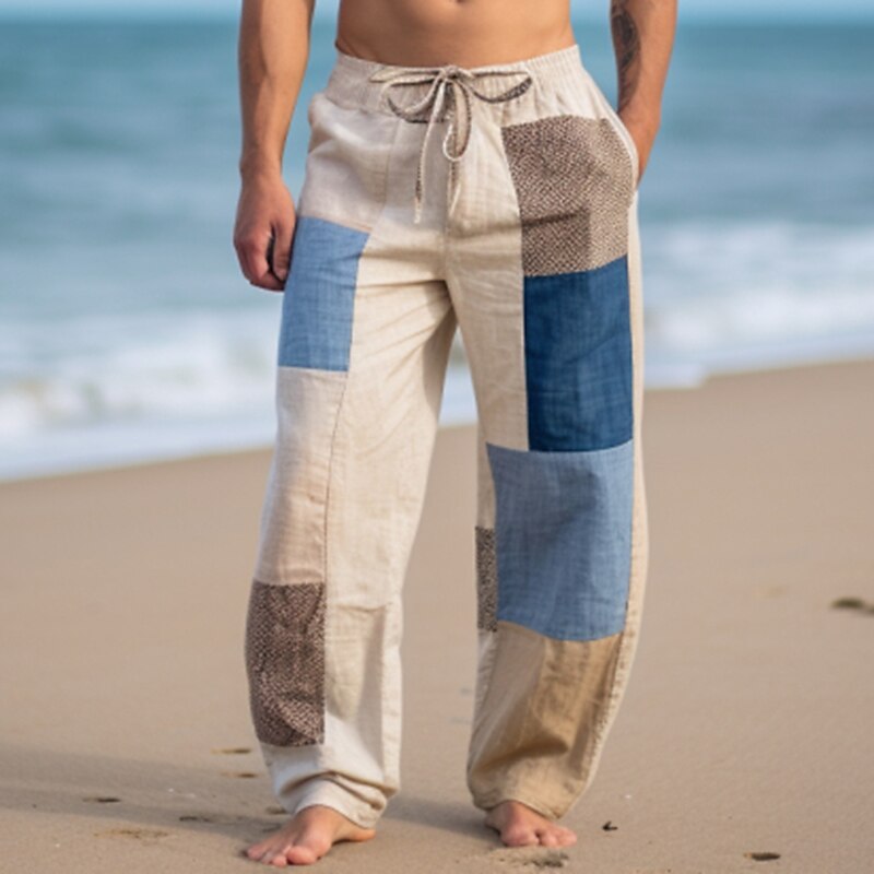 Men's Summer Beach Pants Pocket Drawstring Elastic Waist Color Block Patchwork Comfort Breathable Fashion Casual Trousers 