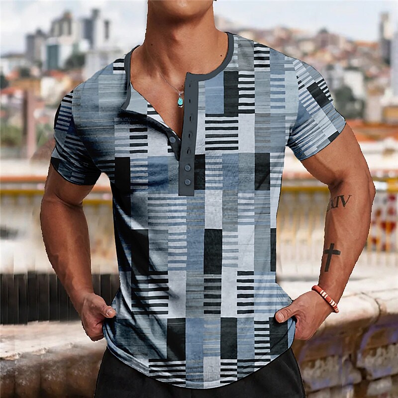 Men's Henley Shirt Graphic Plaid / Check Henley 3D Print Outdoor Casual Short Sleeve Button-Down Comfortable Top
