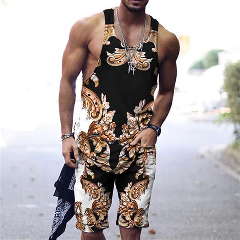 Men's Tank Shorts and T Shirt Set Outfits Graphic Lion Flower / Floral Crew Neck Outdoor Daily Sleeveless 2 Piece Set