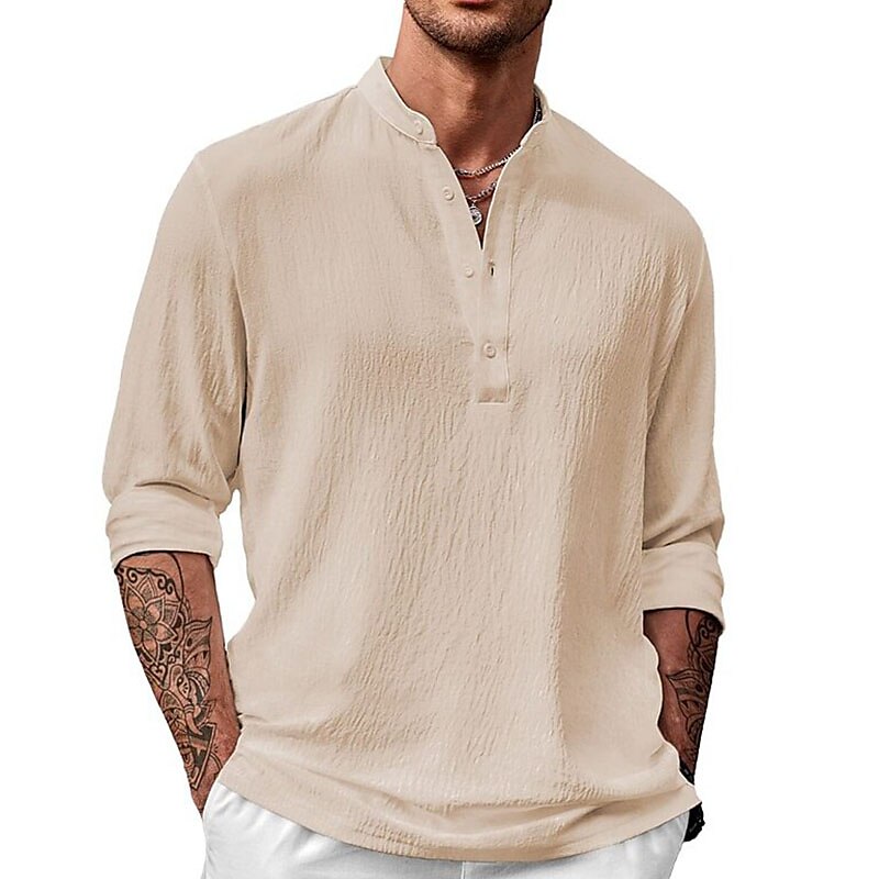Men's Linen Shirt Summer Shirt Beach Shirt  Long Sleeve Plain Stand Collar Spring & Summer Hawaiian Holiday Basic Top