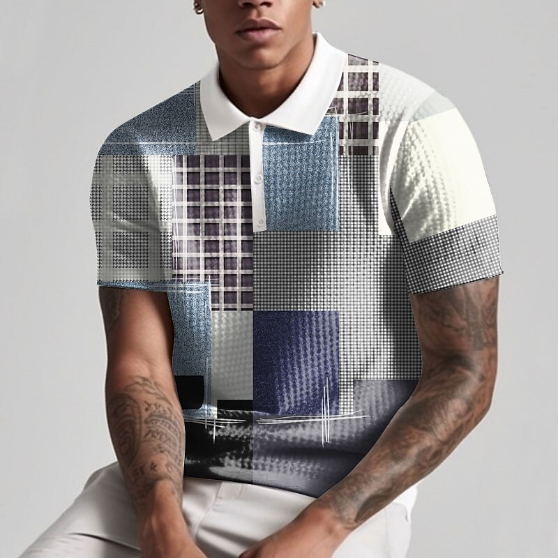 Men's Waffle Polo Shirt Button Up Polos Lapel Polo Polo Shirt Golf Shirt Color Block Plaid / Check Graphic Prints Geometry Turndown  Outdoor Street Short Sleeve 