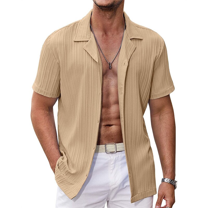 Men's Outdoor Beach Casual Comfortable Breathable Lightweight Plain Lapel Short Sleeve Shirt