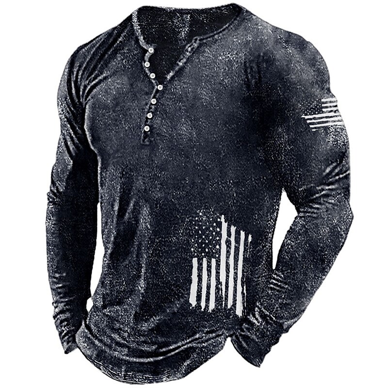 Men's Henley Graphic Long Sleeve Shirt National Flag Henley Hot Stamping Street Vacation Long Sleeve Top