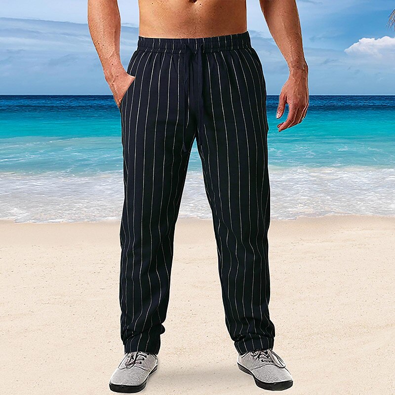 Men's Linen Outdoor Holiday Beach Casual Breathable Soft Comfortable Light Stripe Trouser Pants