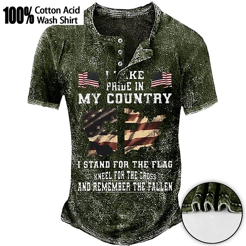 Men's Henley Shirt Graphic Tee 100% Cotton Acid Wash Shirt Graphic Prints National Flag Henley Hot Stamping Street Vacation Short Sleeves Print Top