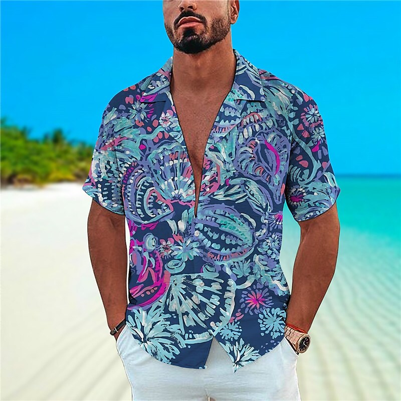 Men's Shirt Summer Hawaiian Shirt Floral Graphic Prints Turndown Blue